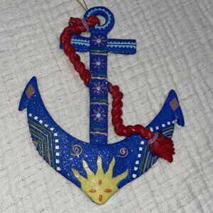 Nautical Boat Anchor Christmas Ornament 7 in Blue Hand Painted